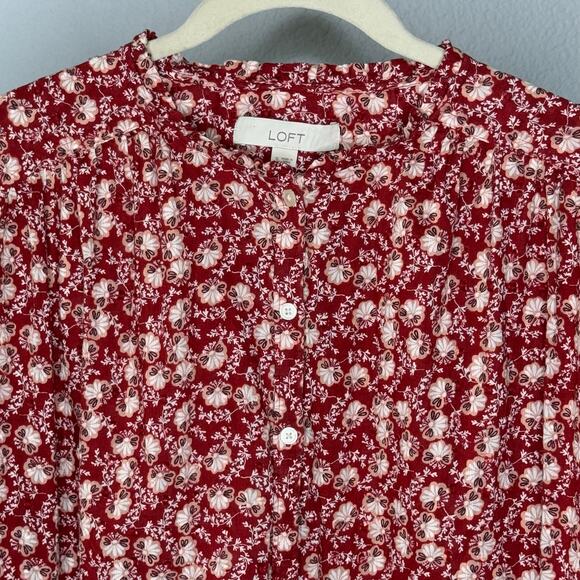 LOFT PEASANT TOP BRICK RED FLORAL BLOUSE - Picture 2 of 5